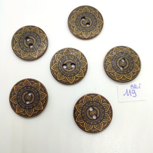 6 boutons fantaisie en bois noir et doré - 25mm - bri119