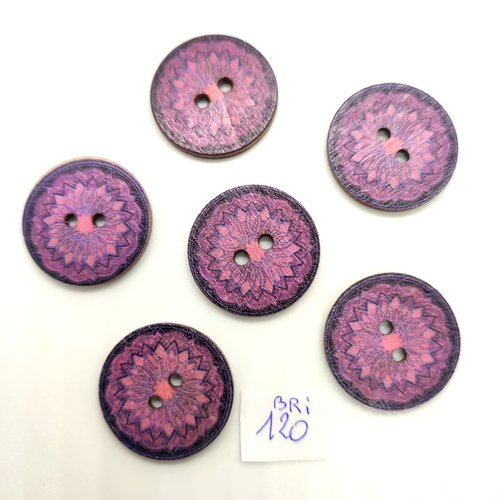 6 boutons fantaisie en bois violet - 25mm - bri120