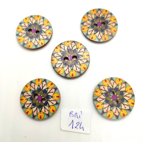 5 boutons fantaisie en bois multicolore - 25mm - bri124