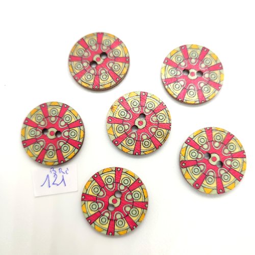 6 boutons fantaisie en bois multicolore - 25mm - bri121