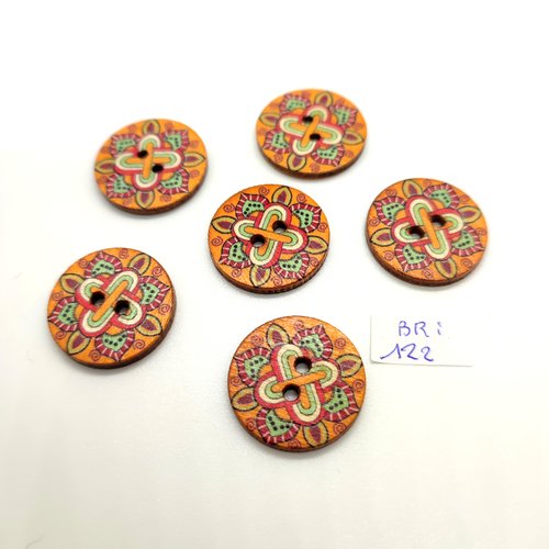 6 boutons fantaisie en bois multicolore - 25mm - bri122