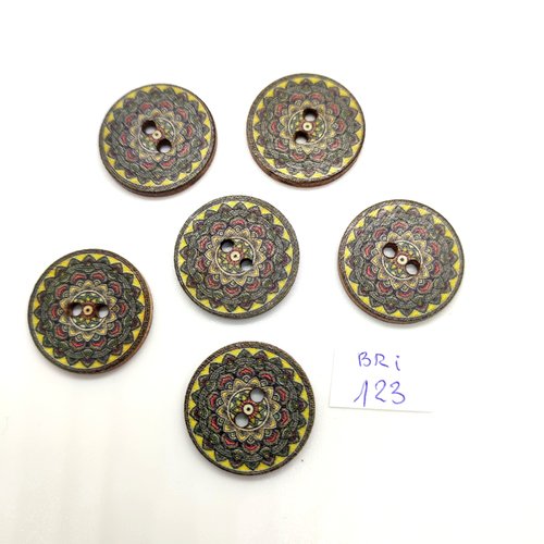 6 boutons fantaisie en bois multicolore - 25mm - bri123