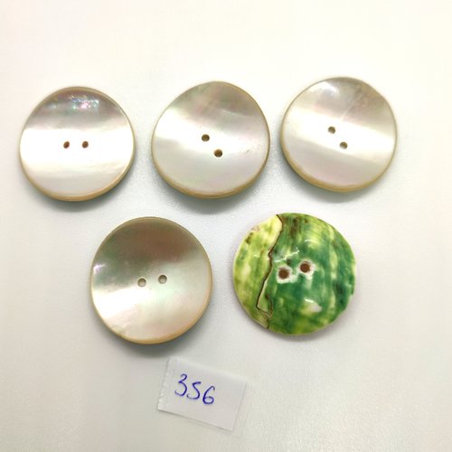 5 boutons en nacre gris et vert dessous - 27mm - 356