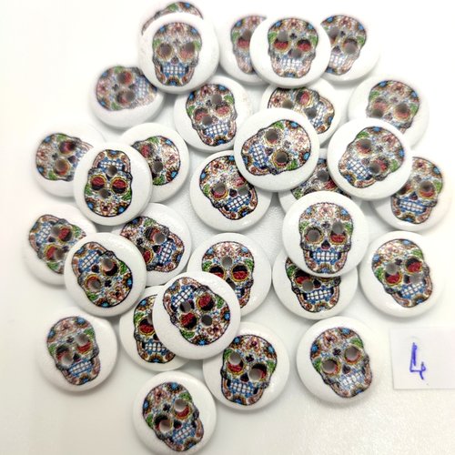 30 boutons fantaisie en bois multicolore (tete de mort) - 15mm - bri91