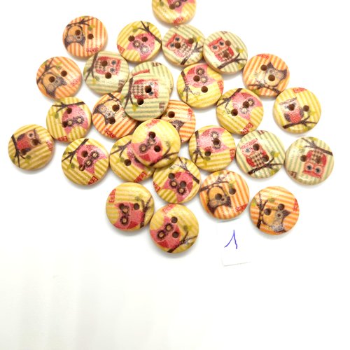 28 boutons fantaisie en bois multicolore (chouette) - 15mm - bri117