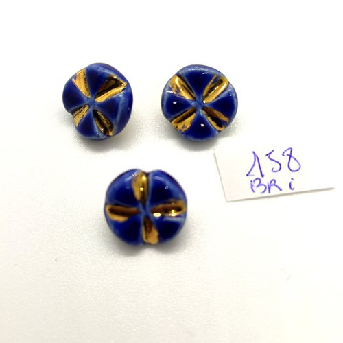 3 boutons en céramique bleu et doré - 19mm - bri158