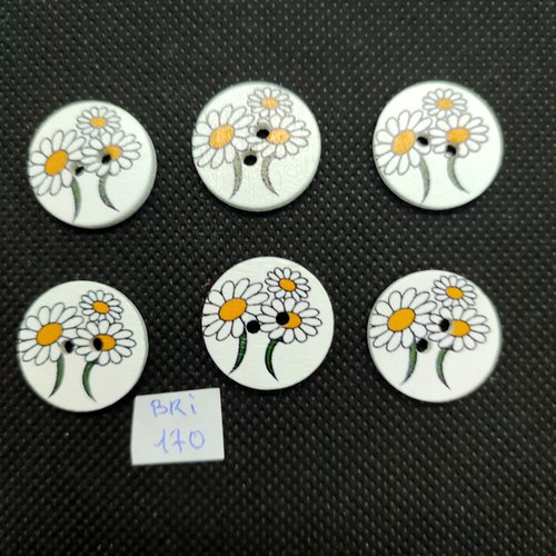 6 boutons en bois fantaisie fleur blanc et jaune - 20mm - bri170