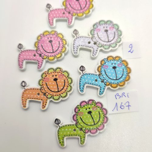 6 boutons en bois fantaisie lion multicolore - 25x29mm - bri167