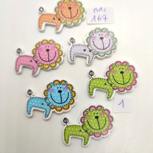 6 boutons en bois fantaisie lion multicolore - 25x29mm - bri167