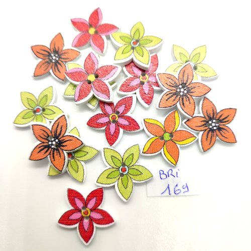 16 boutons en bois fantaisie fleur multicolore - 18mm - bri169
