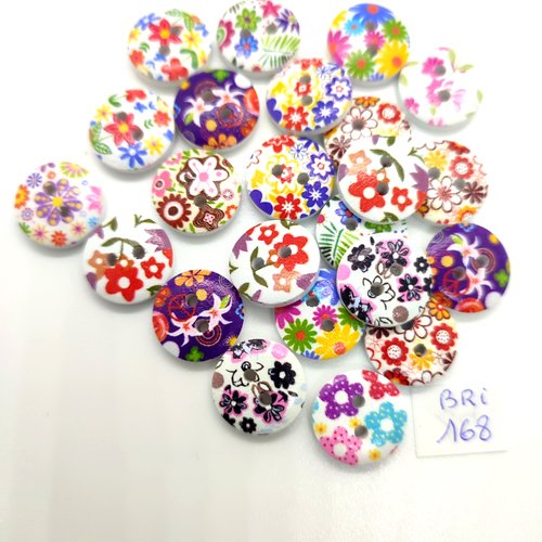 23 boutons en bois fantaisie fleur multicolore - 15mm - bri168