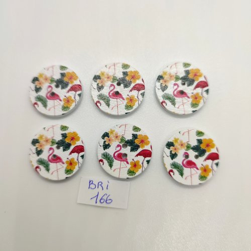 6 boutons en bois fantaisie flamant rose multicolore - 20mm - bri166