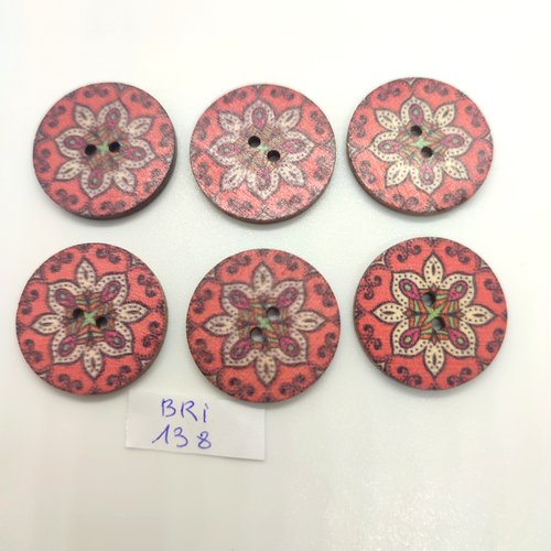 6 boutons en bois fantaisie multicolore - 25mm - bri138