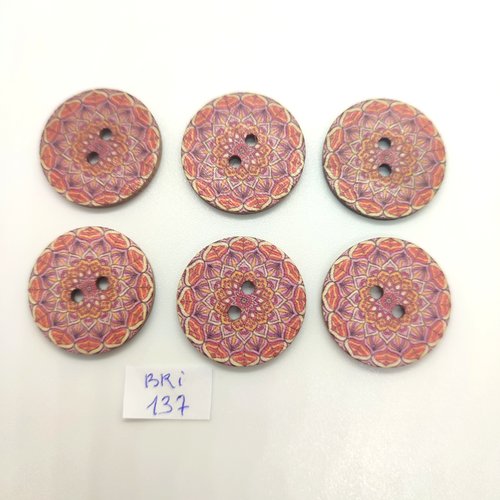 6 boutons en bois fantaisie multicolore - 25mm - bri137