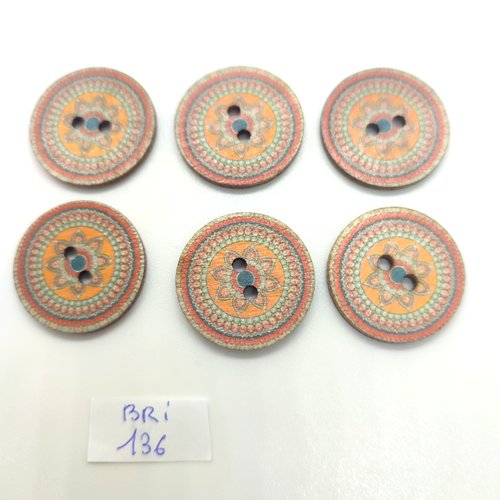 6 boutons en bois fantaisie multicolore - 25mm - bri136