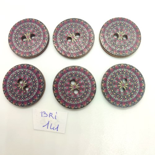 6 boutons en bois fantaisie multicolore - 25mm - bri141