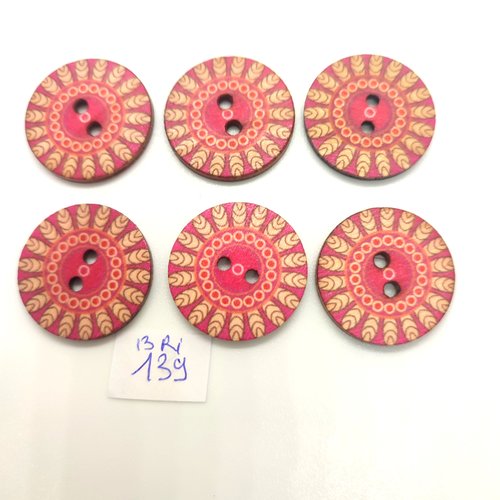6 boutons en bois fantaisie multicolore - 25mm - bri139