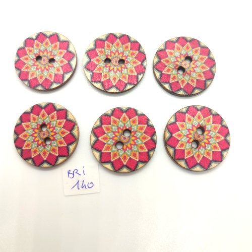 6 boutons en bois fantaisie multicolore - 25mm - bri140