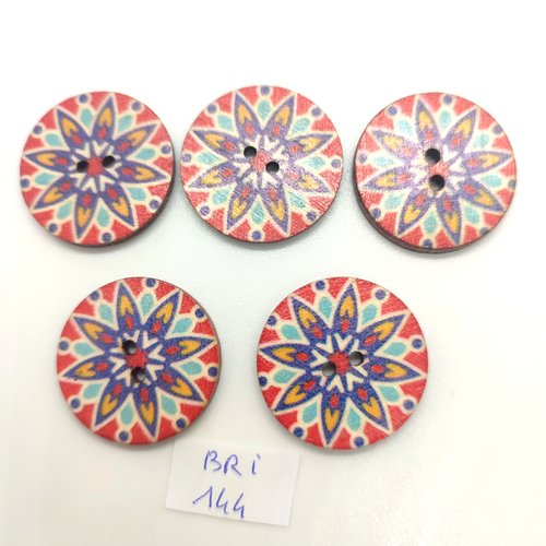 5 boutons en bois fantaisie multicolore - 25mm - bri144