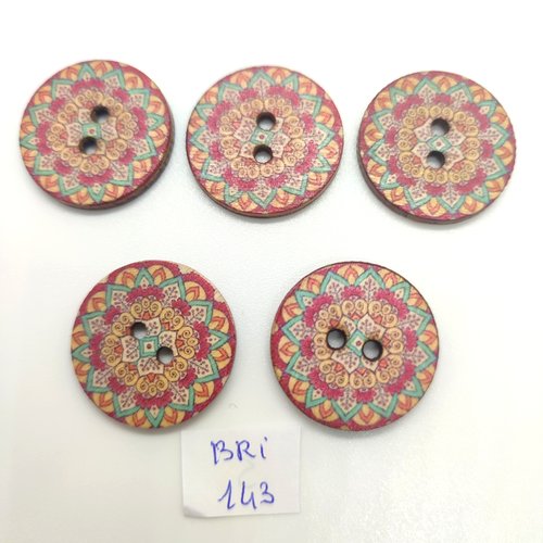5 boutons en bois fantaisie multicolore - 25mm - bri143