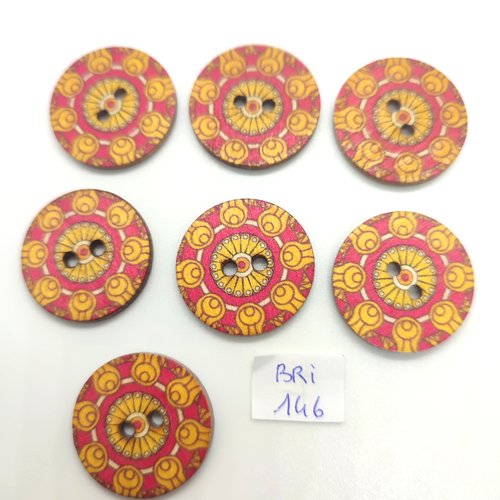 7 boutons en bois fantaisie multicolore - 25mm - bri146