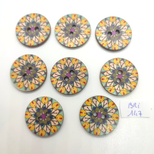 8 boutons en bois fantaisie multicolore - 25mm - bri147