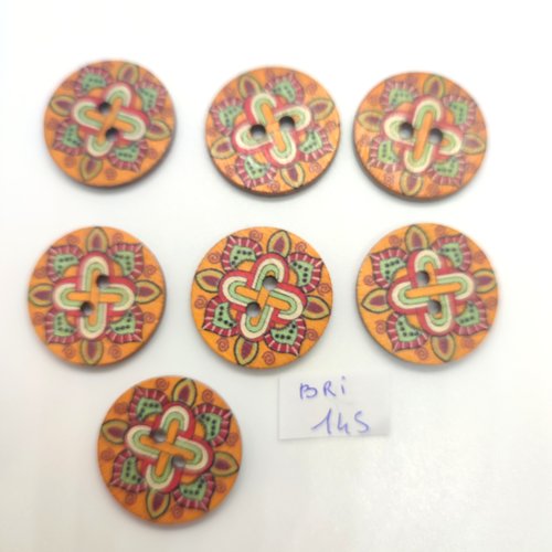 7 boutons en bois fantaisie multicolore - 25mm - bri145