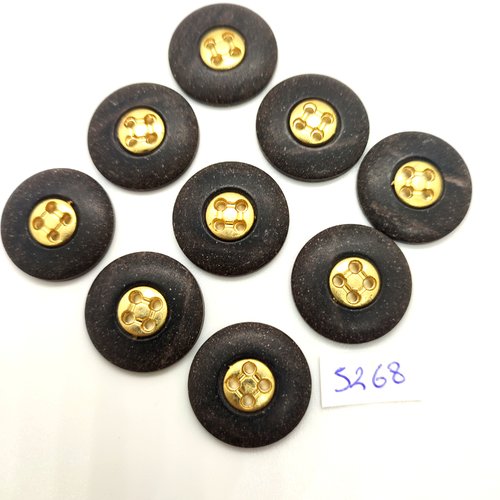 9 boutons en résine gris foncé et doré - 23mm - tr5268
