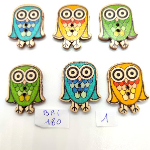 6 boutons fantaisie en bois multicolore (chouette) - 25x30mm - bri180