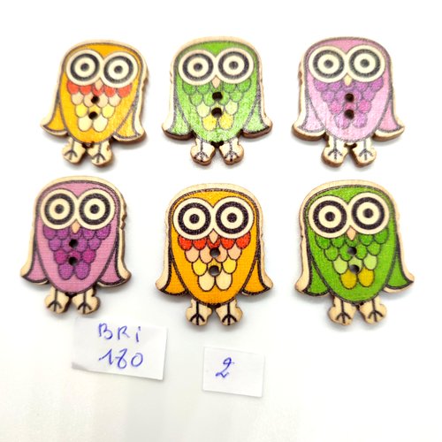 6 boutons fantaisie en bois multicolore (chouette) - 25x30mm - bri180