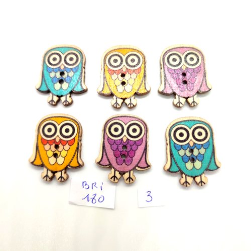 6 boutons fantaisie en bois multicolore (chouette) - 25x30mm - bri180