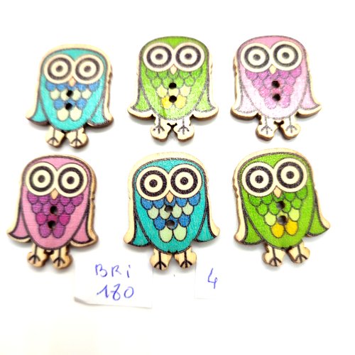 6 boutons fantaisie en bois multicolore (chouette) - 25x30mm - bri180