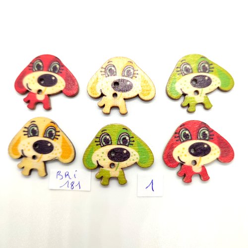 6 boutons fantaisie en bois multicolore (tete de chien) - 25x30mm - bri181
