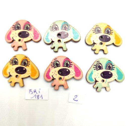 6 boutons fantaisie en bois multicolore (tete de chien) - 25x30mm - bri181