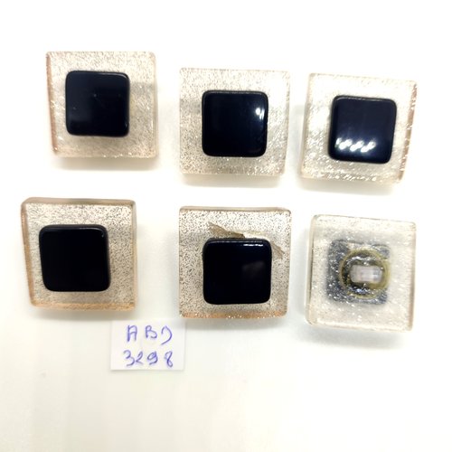 6 boutons en résine transparent pailleté et noir - 22/23mm - abd3298