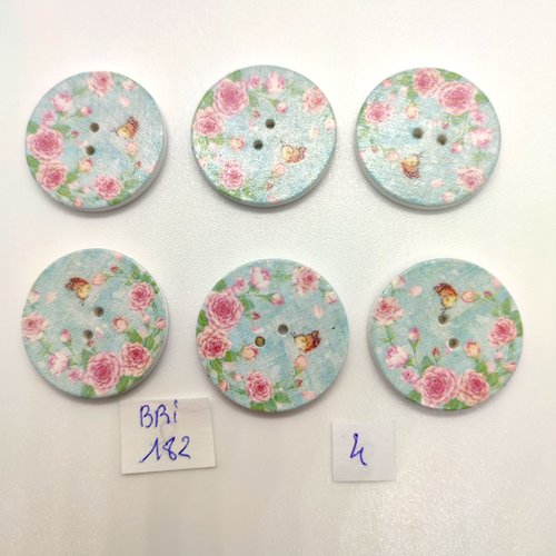 6 boutons en bois rose sur fond bleu clair (fleur) - 25mm - bri182
