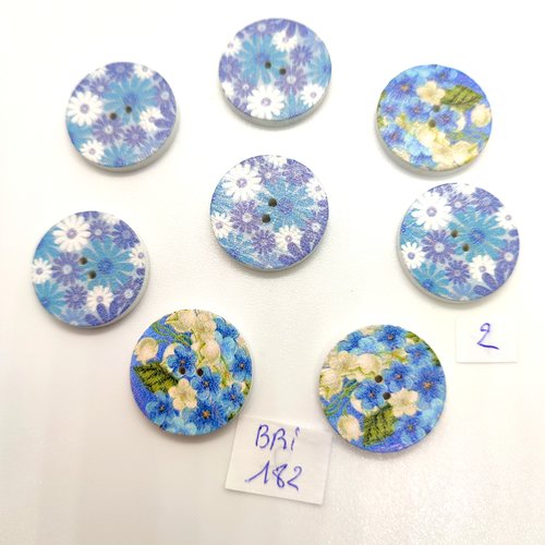 8 boutons en bois ton bleu (fleur) - 20mm - bri182
