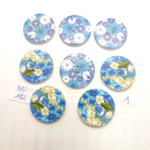 8 boutons en bois ton bleu (fleur) - 25mm - bri182