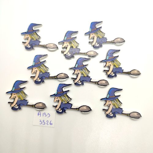 9 boutons fantaisie sorcières en bois gris / bleu - 25x35mm - abd3326