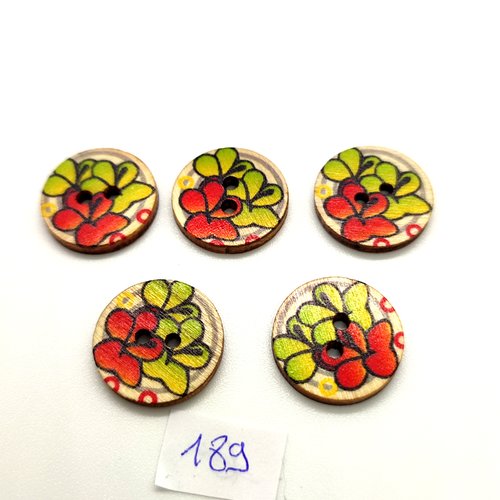 5 boutons en bois multicolore (fleur) - 20mm - bri189