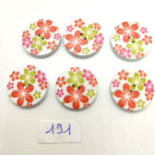6 boutons en bois multicolore (fleur) - 20mm - bri191