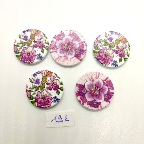 5 boutons en bois multicolore (fleur) - 25mm - bri192