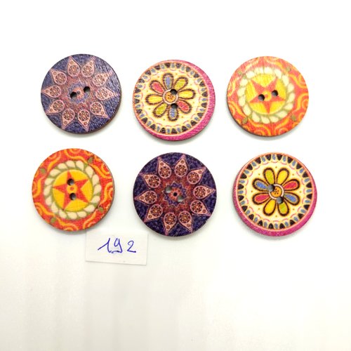 6 boutons en bois multicolore - 25mm - bri192