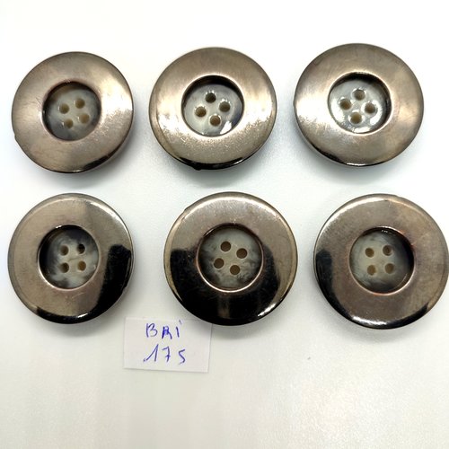 6 boutons en résine argenté et gris - 28mm - bri175