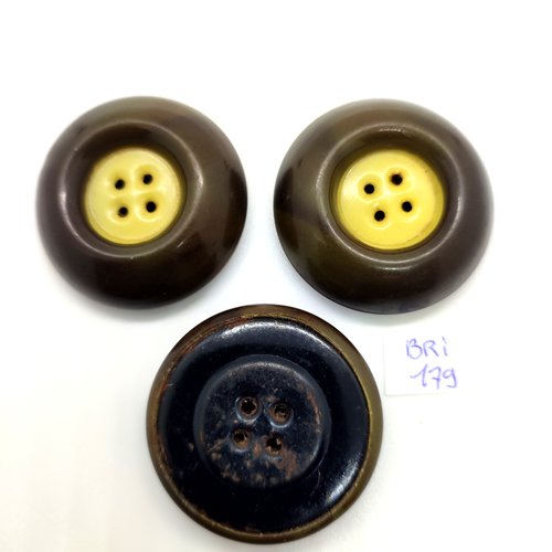 3 boutons en résine vert et jaune et dessous métal noir - 38mm - bri179