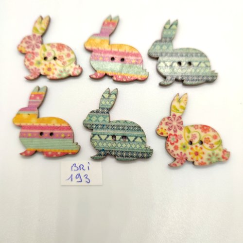 6 boutons fantaisie en bois multicolore (lapin) - 30x30mm - bri193