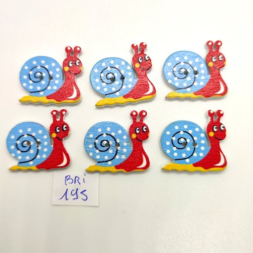 6 boutons fantaisie en bois multicolore (escargot) - 22x23mm - bri195
