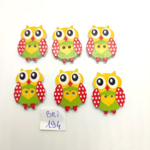 6 boutons fantaisie en bois multicolore (chouette) - 17x25mm - bri194