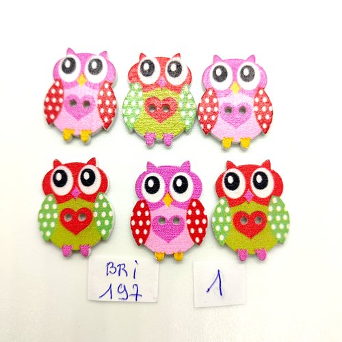 6 boutons fantaisie en bois multicolore (chouette) - 19x25mm - bri197
