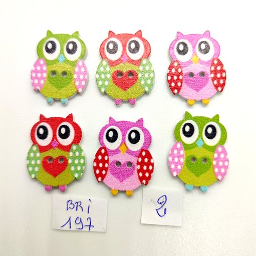 6 boutons fantaisie en bois multicolore (chouette) - 19x25mm - bri197